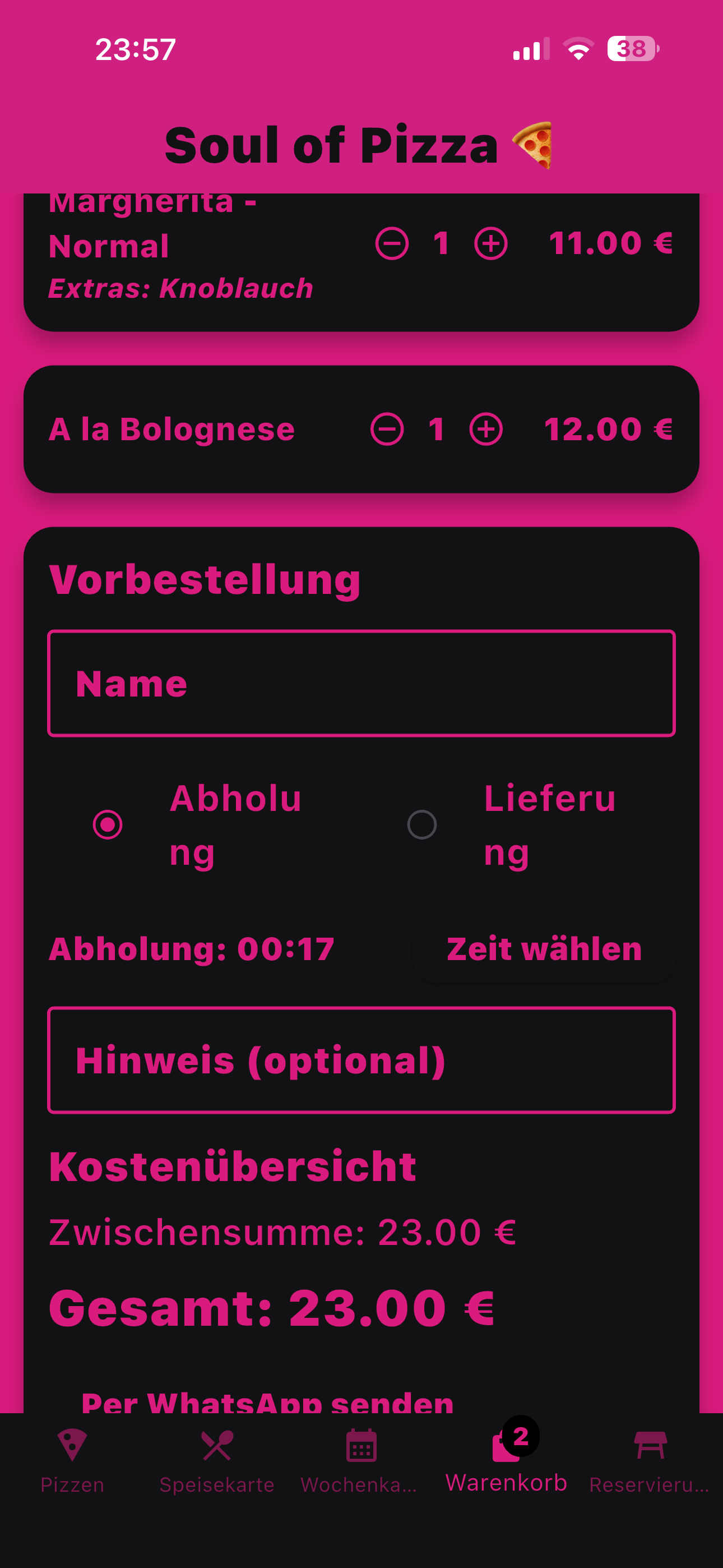Soul of Pizza Warenkorb und Vorbestellung