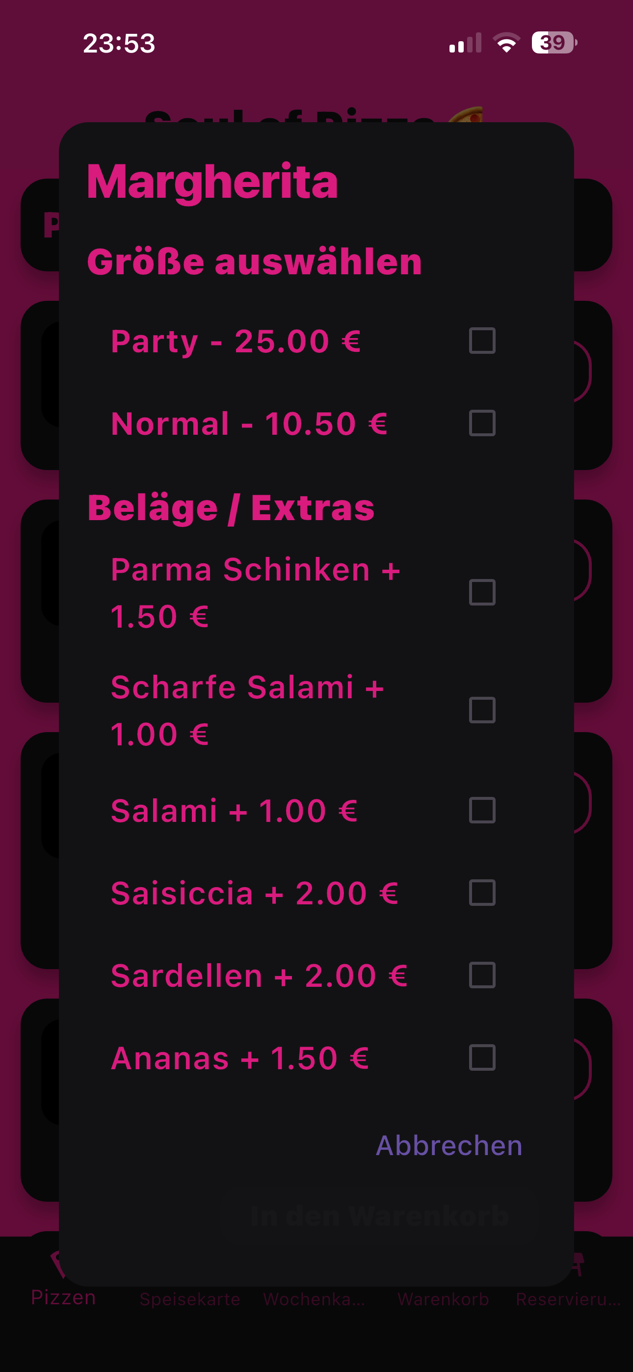 Soul of Pizza Produktkonfiguration